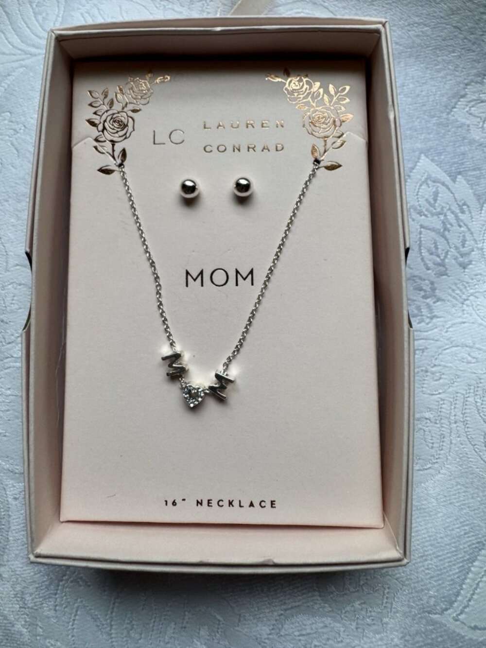 NEW Goldtone Floating MOM Necklace Stud Earrings Lauren Conrad Gift Box 16"